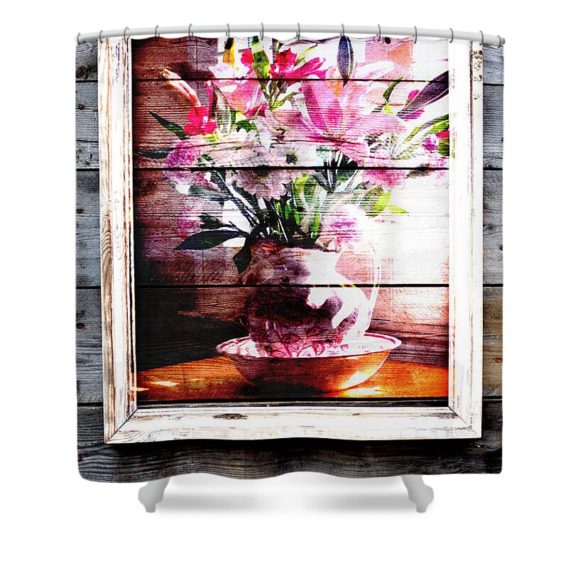 Flowers On Wood Shower Curtain featuring the photograph Flowers and Wood by Patricia Greer