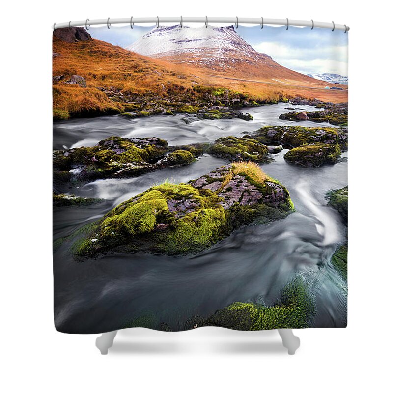 Scenics Shower Curtain featuring the photograph Flowing To Kirkjufell by Naphakm