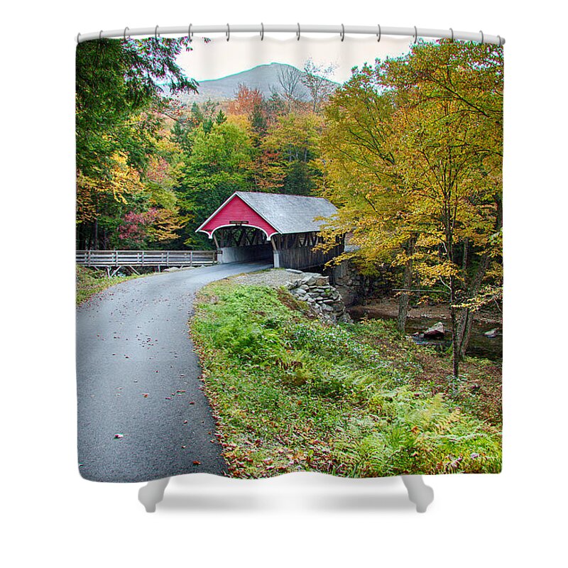 Autumn Foliage New England Shower Curtain featuring the photograph Flume Gorge covered bridge by Jeff Folger