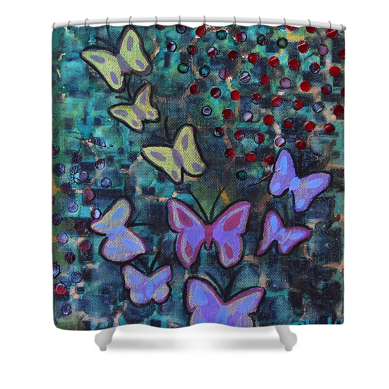 Butterfly Shower Curtain featuring the painting Fluttering Between Light and Shadow by Donna Blackhall