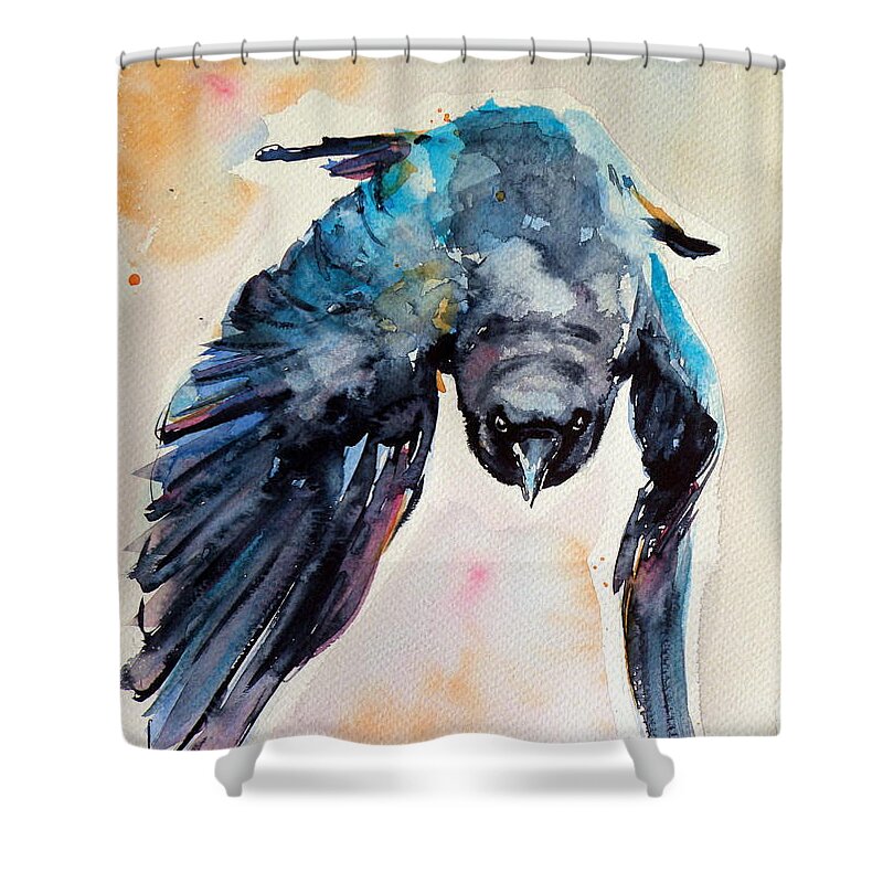 Crow Shower Curtain featuring the painting Flying crow by Kovacs Anna Brigitta