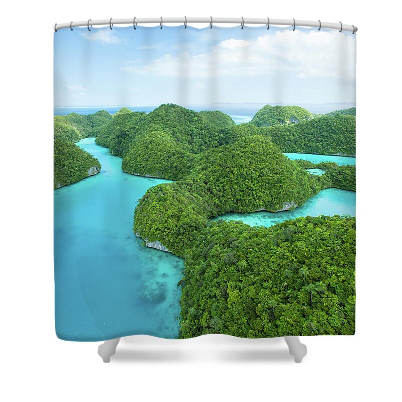 Scenics Shower Curtain featuring the photograph Flying Over Lush Tropical Rock Islands by Ippei Naoi