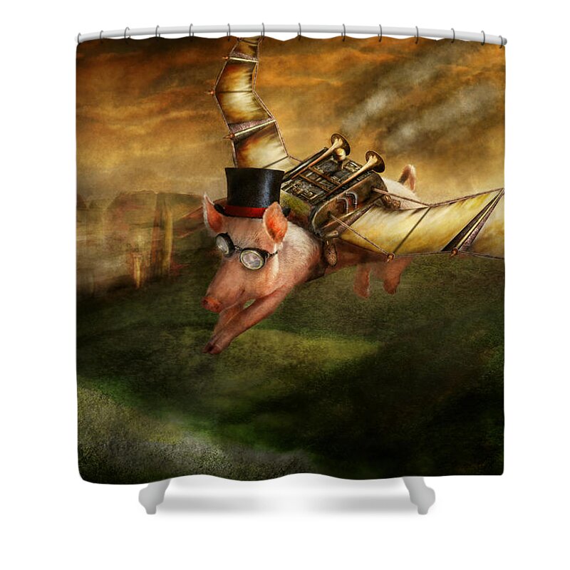 Pig Shower Curtain featuring the photograph Flying Pig - Steampunk - The flying swine by Mike Savad