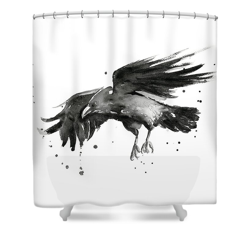 Raven Shower Curtain featuring the painting Flying Raven Watercolor by Olga Shvartsur