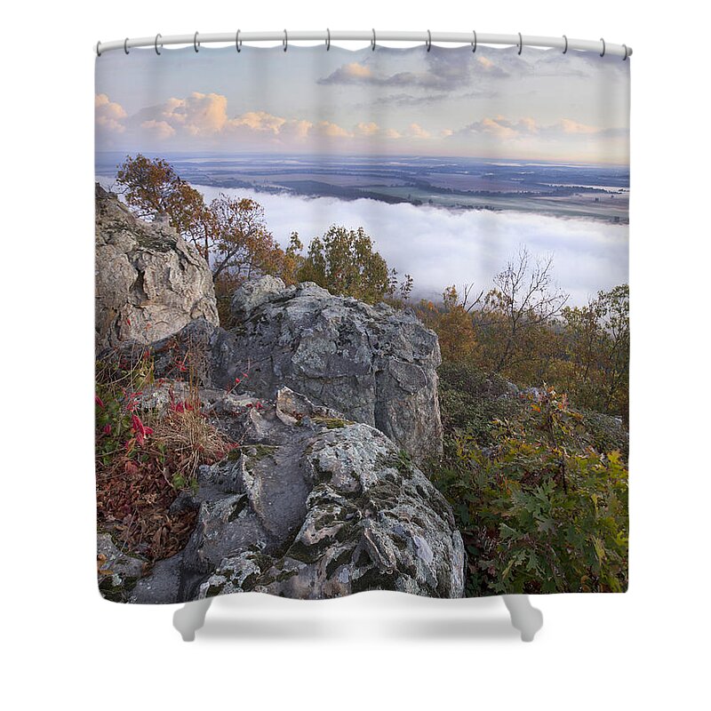 Tim Fitzharris Shower Curtain featuring the photograph Fog Over Valley Petit Jean State Park by Tim Fitzharris