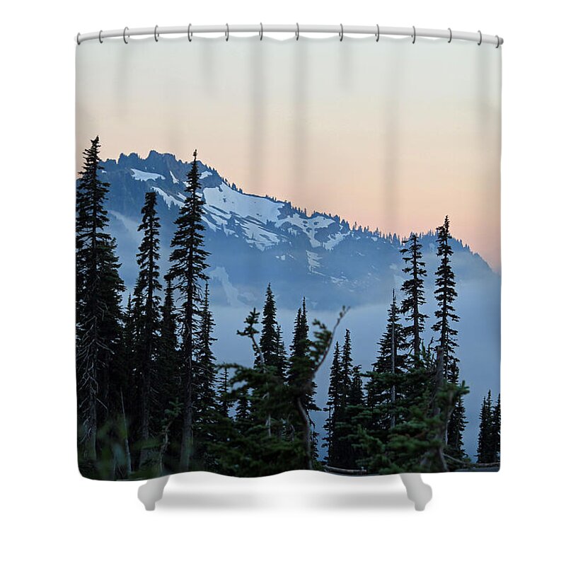 Sunset Shower Curtain featuring the photograph Mt. Rainier's Foggy Sunset by E Faithe Lester