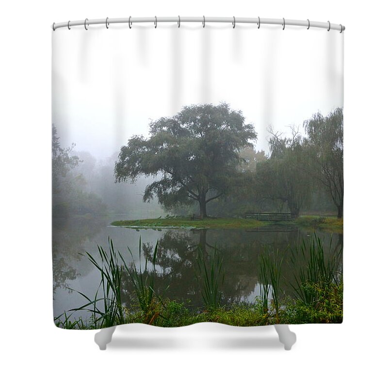 Landscape With Pond And Fog And Trees Shower Curtain featuring the photograph Foggy Morning At The Willows by Byron Varvarigos