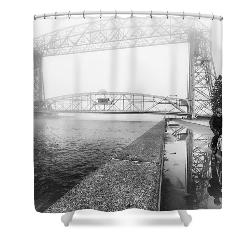 Architecture Shower Curtain featuring the photograph Foggy Morning Bike Ride by Tom Gort