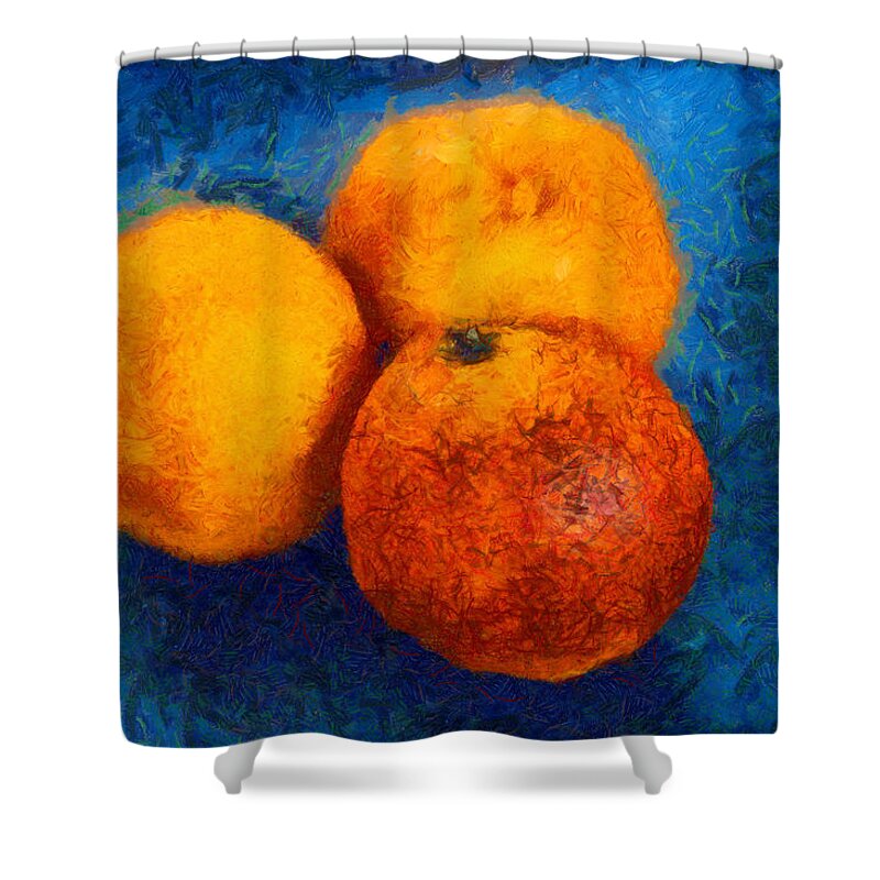 Oranges Shower Curtain featuring the digital art Food still life - three oranges on blue - digital painting by Matthias Hauser