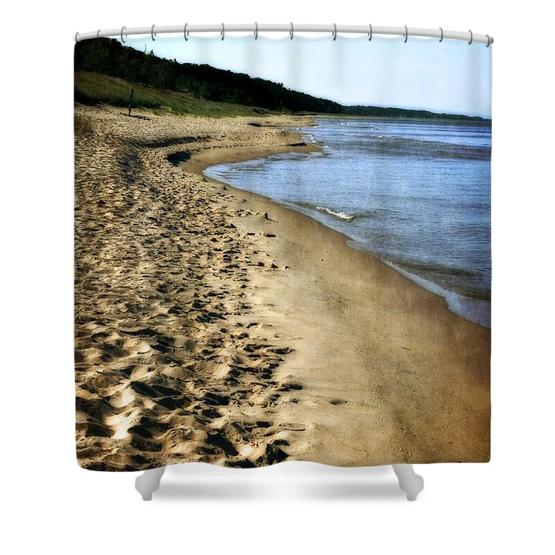 Lake Michigan Shower Curtain featuring the photograph Footprints in the Sand by Michelle Calkins