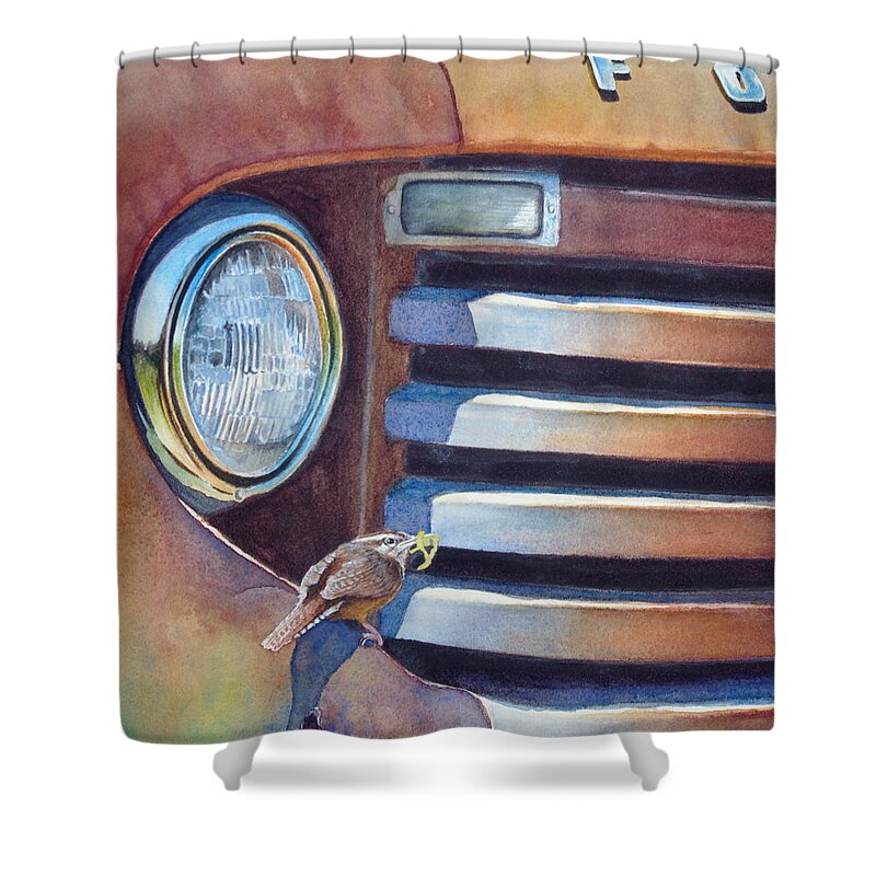 Old Truck Shower Curtain featuring the painting Ford and Wren by Greg and Linda Halom