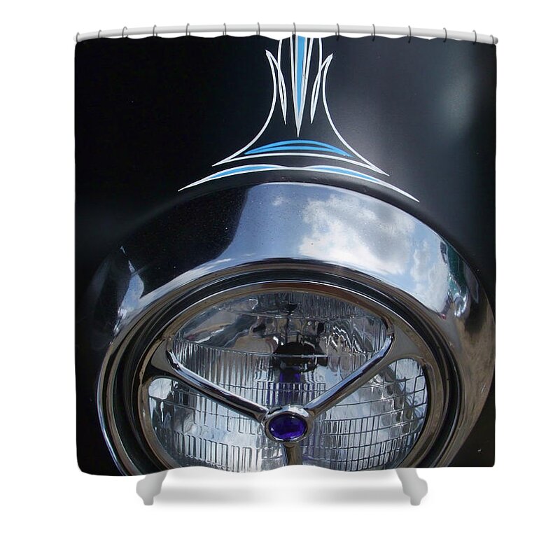 Headlight Shower Curtain featuring the photograph Ford Pin striped headlight by Ron Roberts