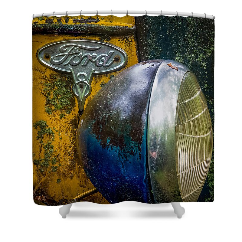 Rare Shower Curtain featuring the photograph Ford V8 emblem by Paul Freidlund