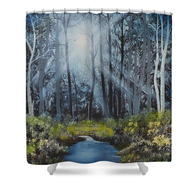 Forest Shower Curtain featuring the painting Forest Light by Mary Scott