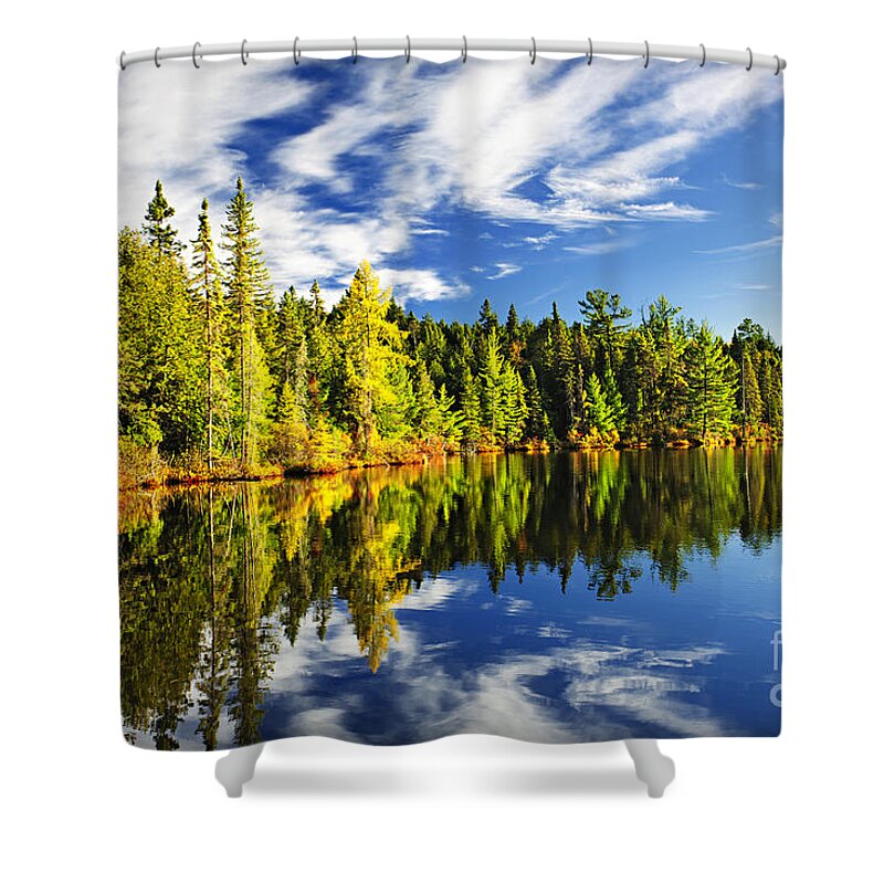 Lake Shower Curtain featuring the photograph Forest reflecting in lake by Elena Elisseeva