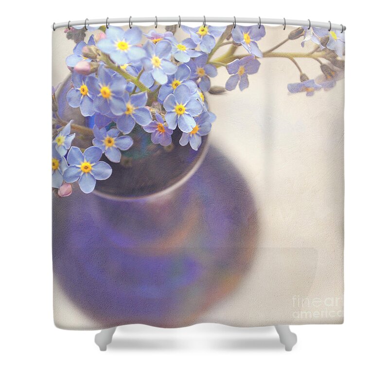 Flowers Shower Curtain featuring the photograph Forget me nots in blue vase by Lyn Randle