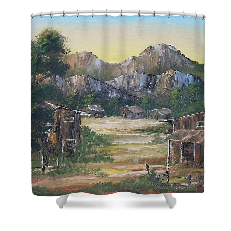 Nipa Hut Shower Curtain featuring the painting Forgotten Village by Remegio Onia
