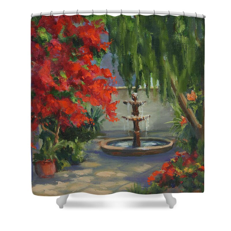 Fountain Shower Curtain featuring the painting Relaxing in the Courtyard by Maria Hunt