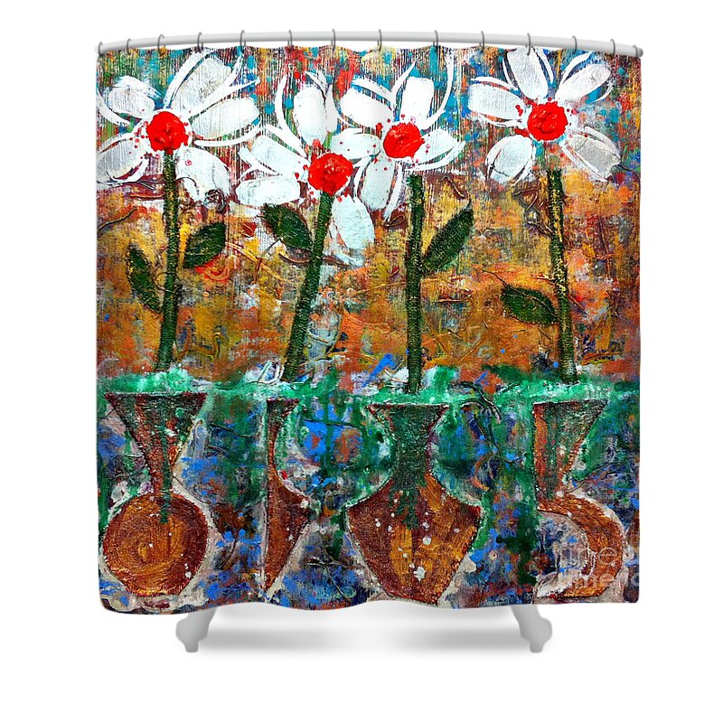 Cleaster Cotton Shower Curtain featuring the painting Four Flowers Four Vessels by Cleaster Cotton