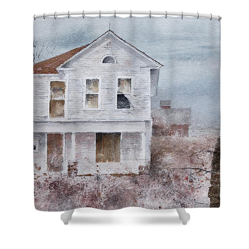A Curtain Blows In The Winter Wind As A Former Resident Of The Empty Farm House Looks On. Shower Curtain featuring the painting Frayed by Monte Toon