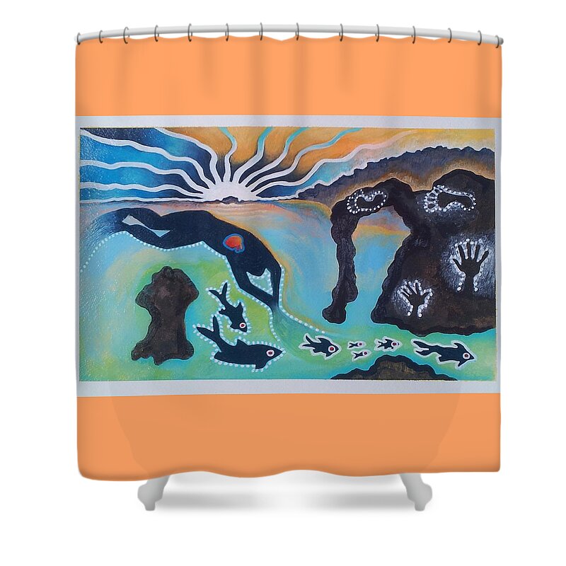 Aboriginal Shower Curtain featuring the painting Free Man Off Of Pirates Cove by Corey Habbas
