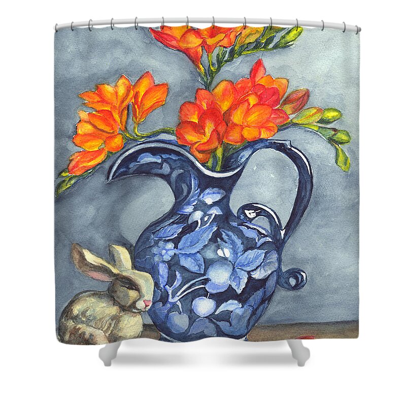 Freesia Shower Curtain featuring the painting Freesias in a Vase by Carol Wisniewski