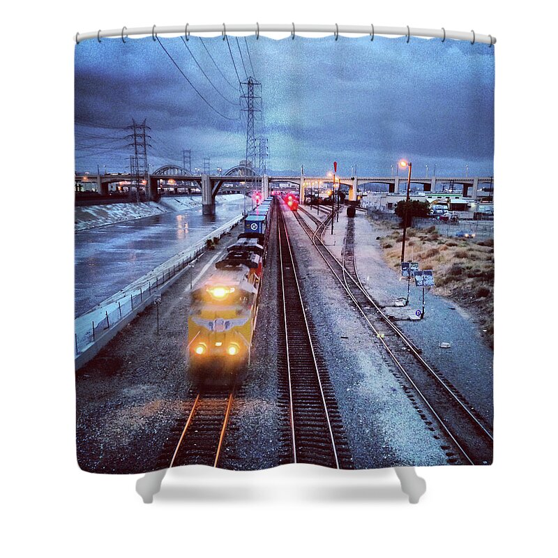 Downtown District Shower Curtain featuring the photograph Freight Train On Los Angeles River by Hal Bergman Photography