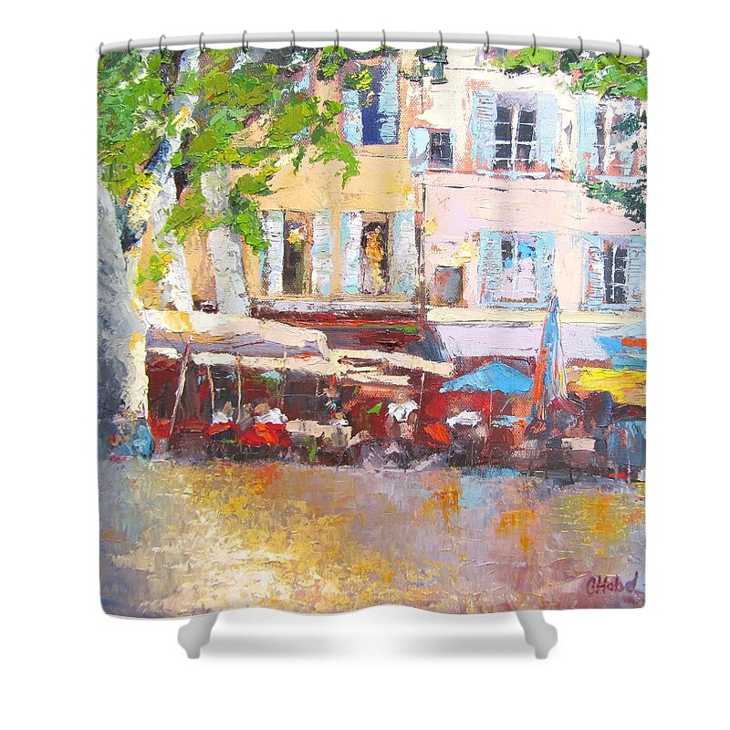 France Shower Curtain featuring the painting French Cafe Avignon Palette Knife Oil Painting by Chris Hobel