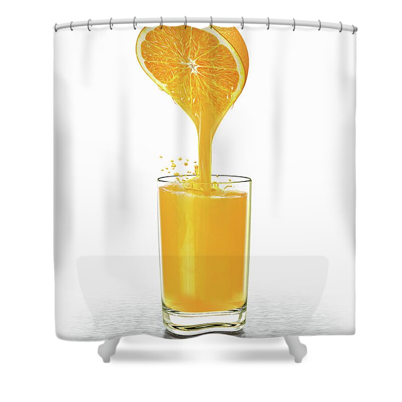 Bright Shower Curtain featuring the photograph Fresh Juice Squeezed From Half Orange by Ikon Ikon Images