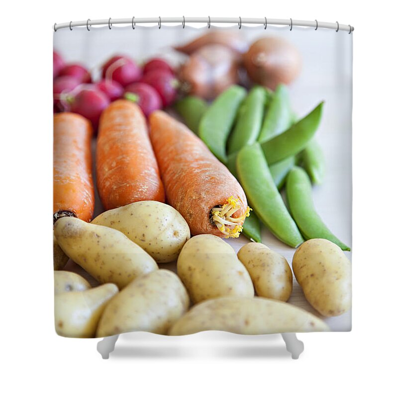 Onion Shower Curtain featuring the photograph Fresh organic vegetables by Sophie McAulay