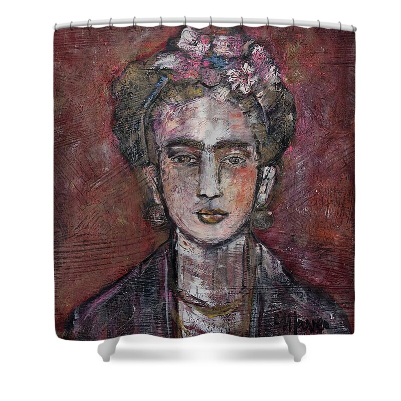 Portrait. Portraiture Shower Curtain featuring the painting Frida in Red and Gold 2013 by Laurie Maves ART