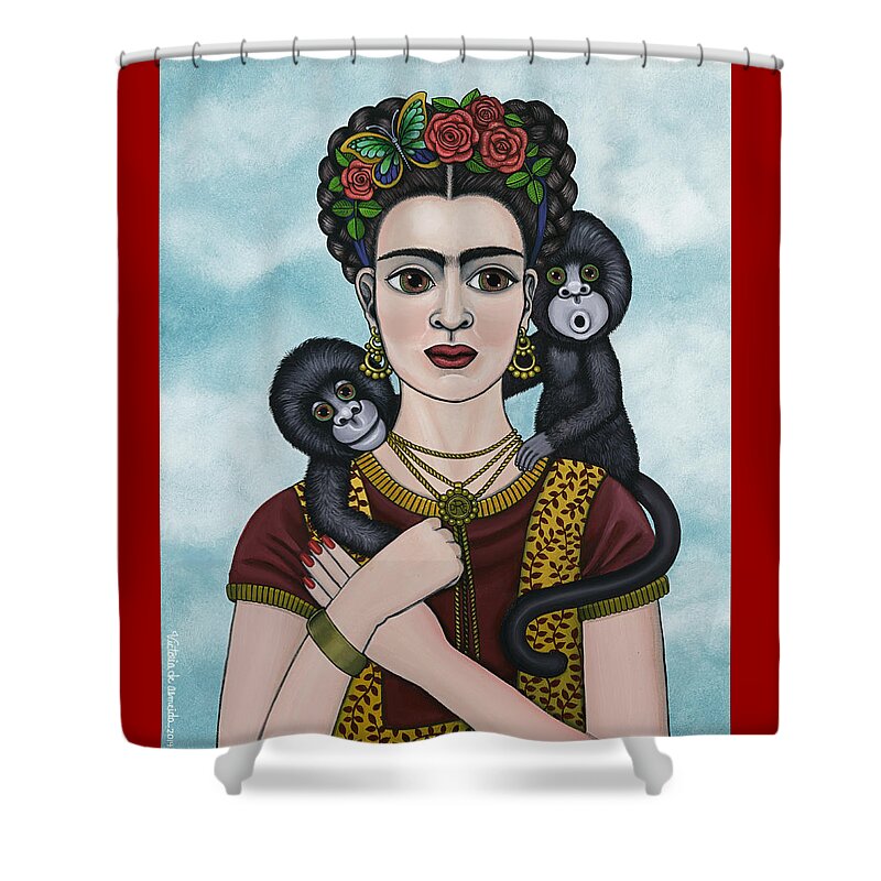 Frida Kahlo Shower Curtain featuring the painting Frida In The Sky by Victoria De Almeida