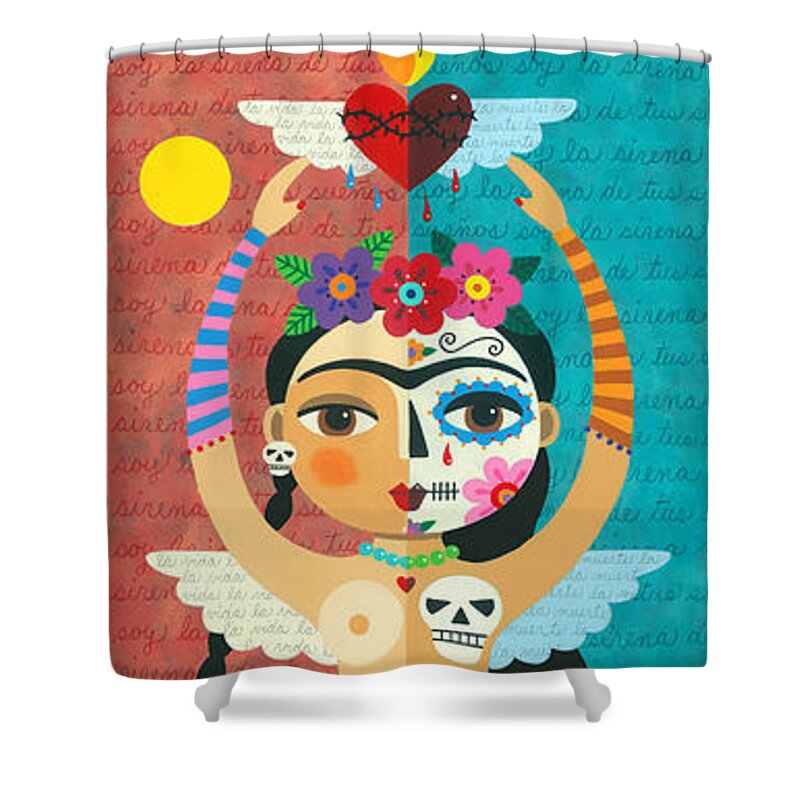 Frida Shower Curtain featuring the painting Frida Kahlo Mermaid Angel with Flaming Heart by Andree Chevrier