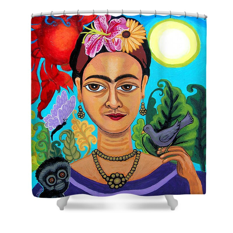 Fridakahlo Shower Curtain featuring the painting Frida Kahlo With Monkey and Bird by Genevieve Esson