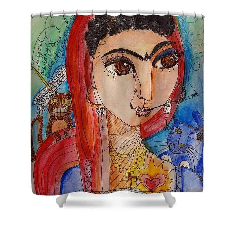 Frida Kahlo Shower Curtain featuring the painting Frida Love for la Madonna by Laurie Maves ART