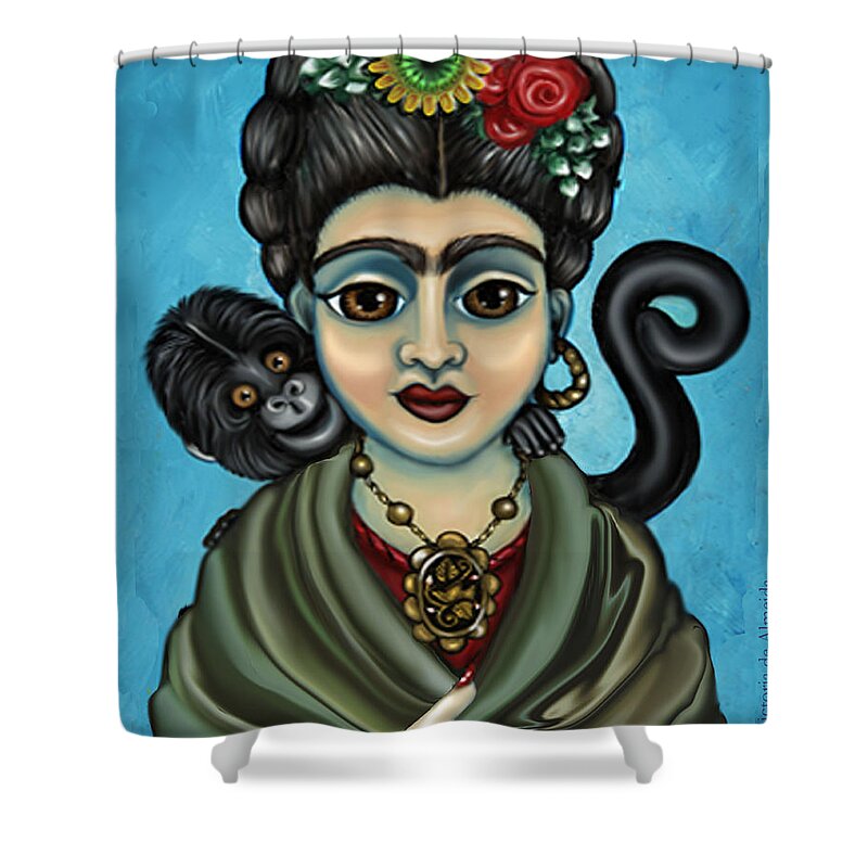 Frida Shower Curtain featuring the painting Frida's Monkey by Victoria De Almeida