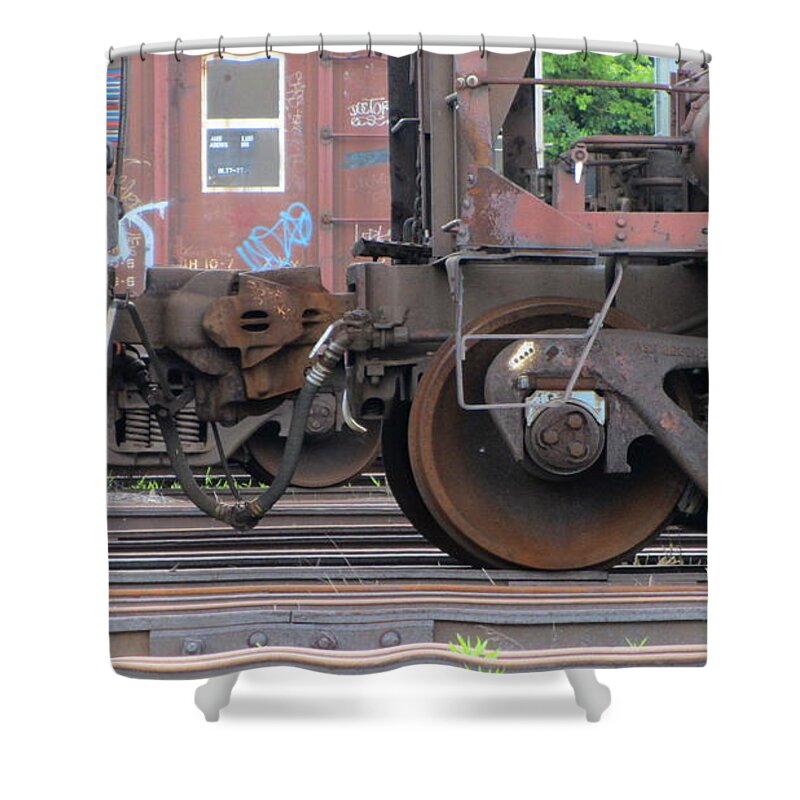 Train Shower Curtain featuring the photograph Frieght Train Wheels 21 by Anita Burgermeister