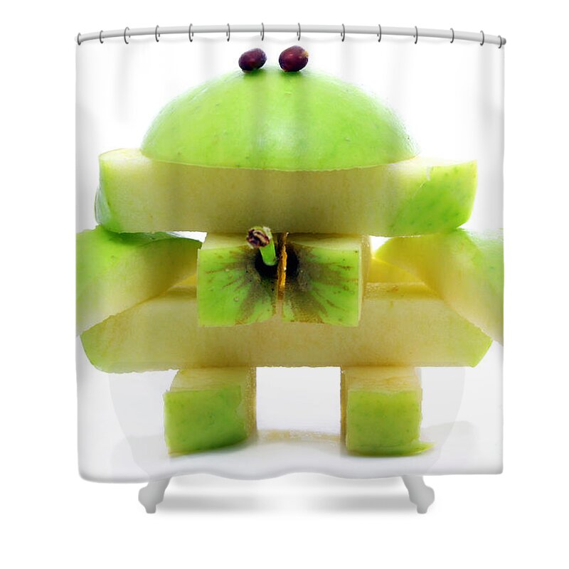 Apple Shower Curtain featuring the photograph Friendly apple monster made from one apple by Simon Bratt