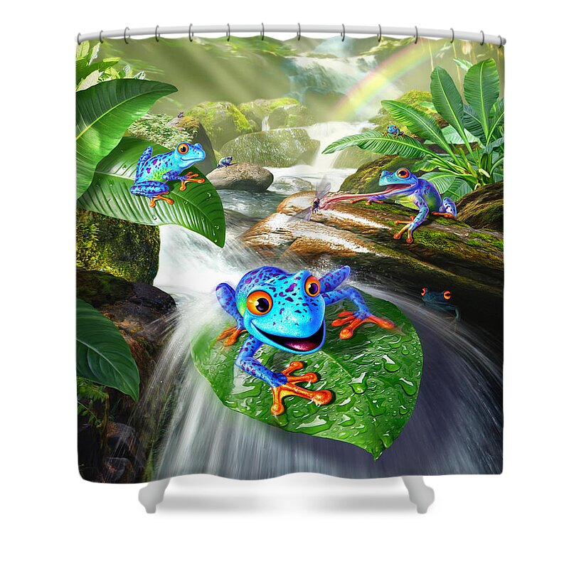 Frogs Shower Curtain featuring the digital art Frog Capades by Jerry LoFaro
