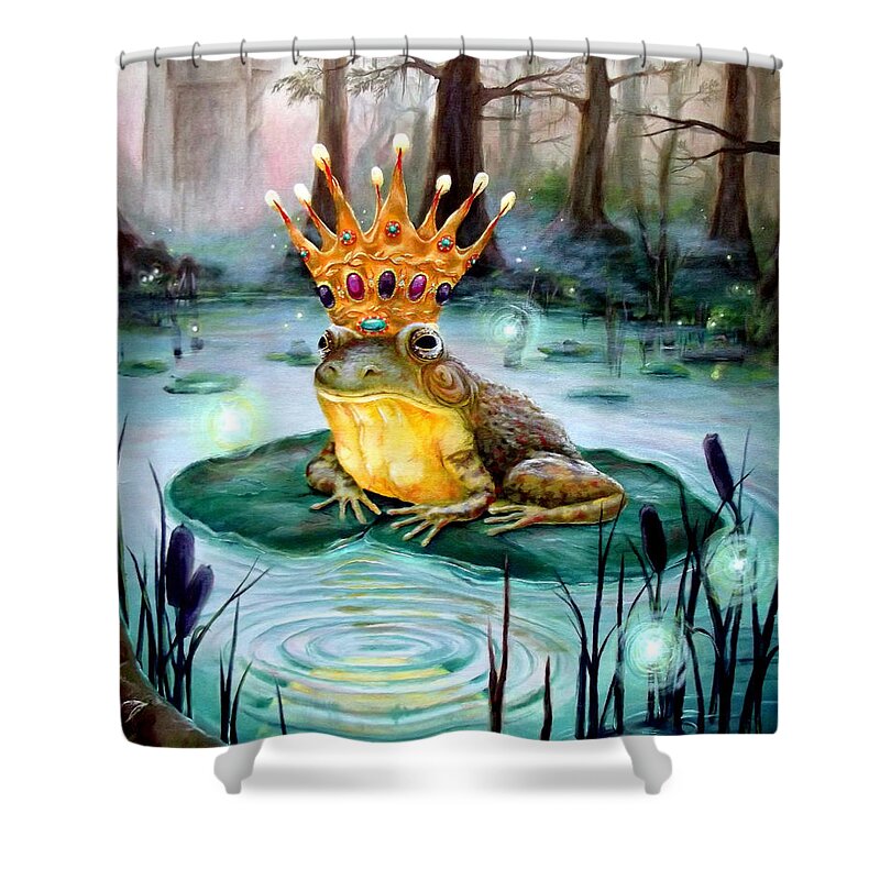 Frog Prince Shower Curtain featuring the painting Frog Prince by Heather Calderon