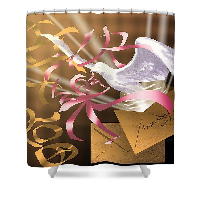 Letter Shower Curtain featuring the digital art From Mom and Dad with Love by Alice Chen