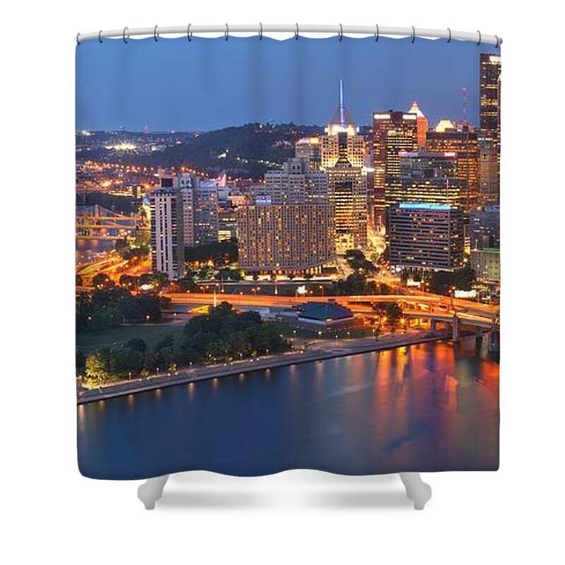 Pittsburgh Skyline Shower Curtain featuring the photograph From The Fountain To Ft. Pitt by Adam Jewell