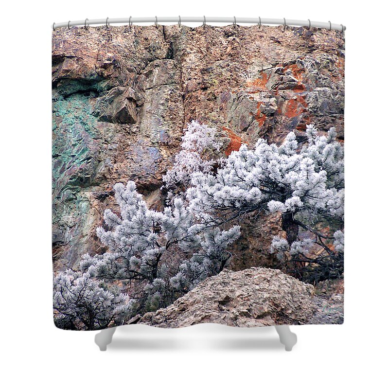 Cooper Rock Tree Frost Boulder Colorado Rock Mountains Winter Colorful Rocks Shower Curtain featuring the photograph Frosted trees by George Tuffy