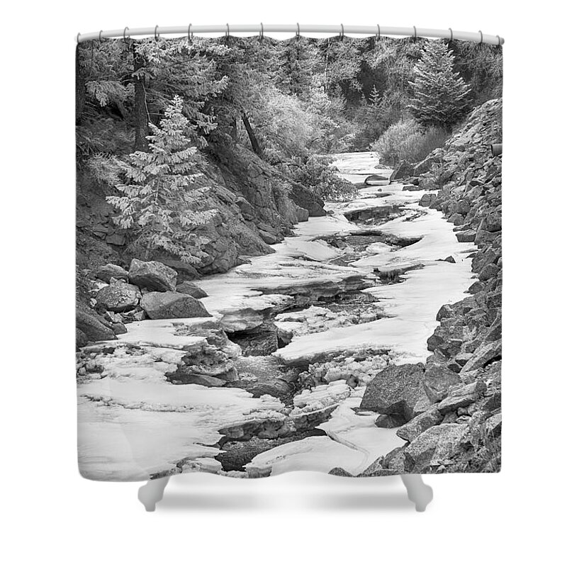 Winter Shower Curtain featuring the photograph Frozen Boulder Creek Boulder Canyon Colorado BW by James BO Insogna