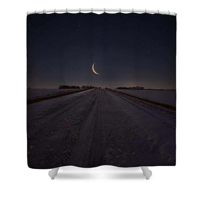 Waning Crescent Moon Shower Curtain featuring the photograph Frozen Road to Nowhere by Aaron J Groen