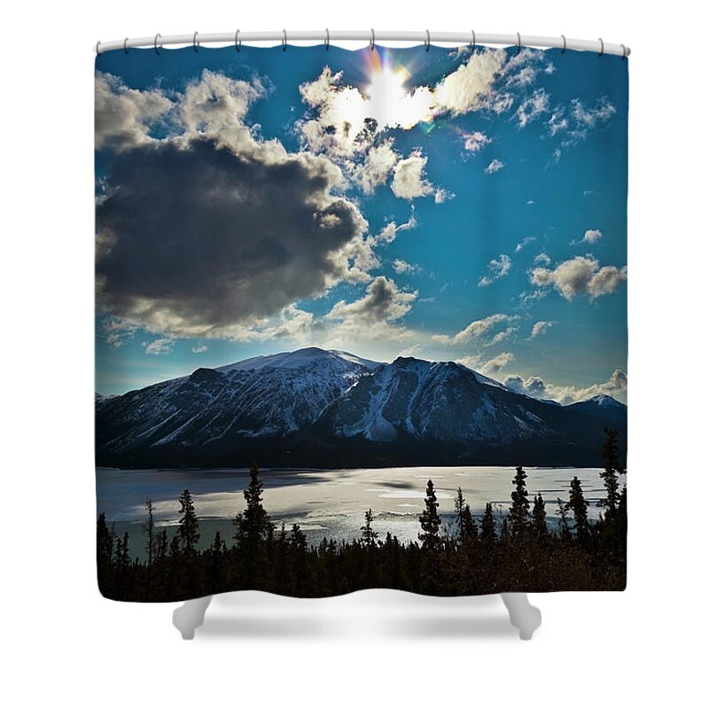 Scenics Shower Curtain featuring the photograph Frozen Tagish Lake And Mountains by Blake Kent / Design Pics