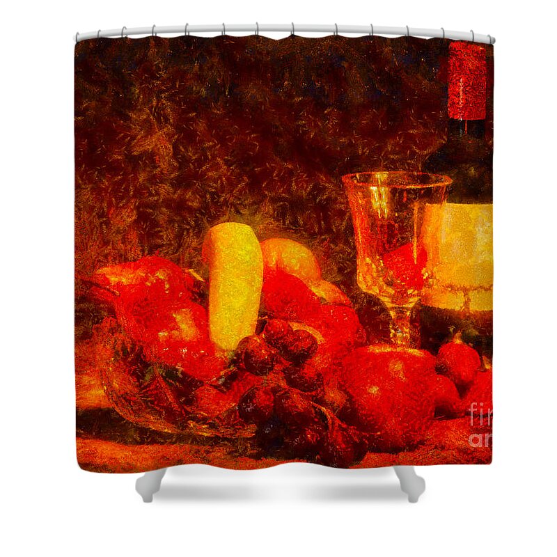 Fruit Shower Curtain featuring the photograph Fruit bowl and wine - V3 by Les Palenik