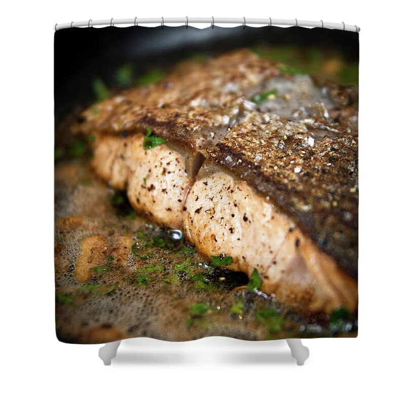 Garlic Shower Curtain featuring the photograph Frying Salmon On Pan by Wojciech Wisniewski