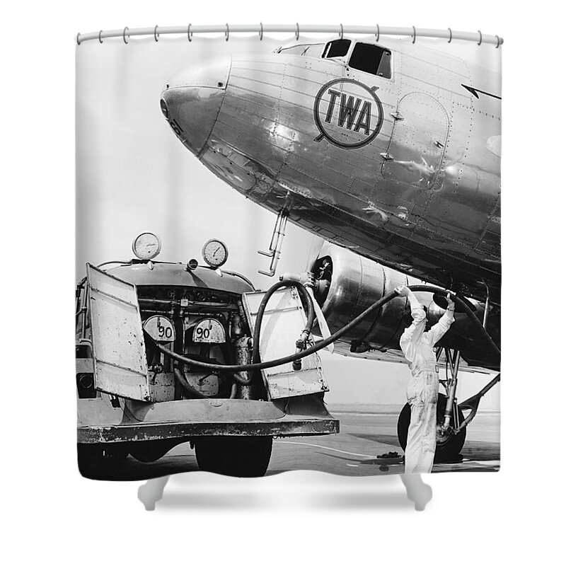 1 Person Shower Curtain featuring the photograph Fueling A DC-3 Airliner by Underwood Archives