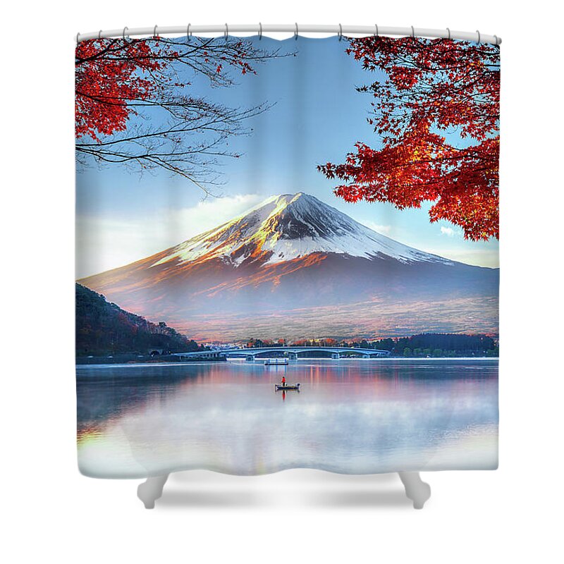 Snow Shower Curtain featuring the photograph Fuji Mountain In Autumn by Doctoregg